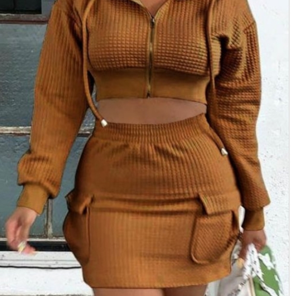 Price is firm! Coffee  hooded crop top skirt set